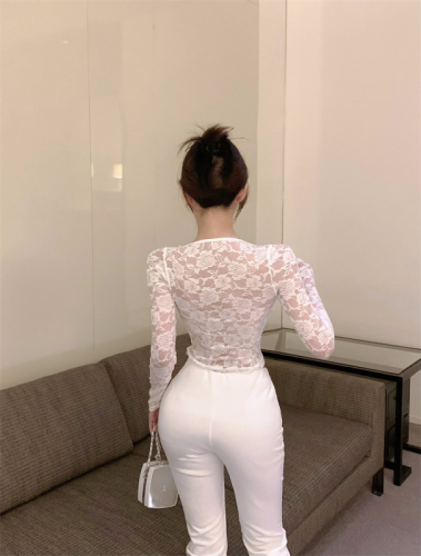 Real shot ~ fake two-piece suspender lace pure desire sexy long-sleeved T-shirt slim short spring new style