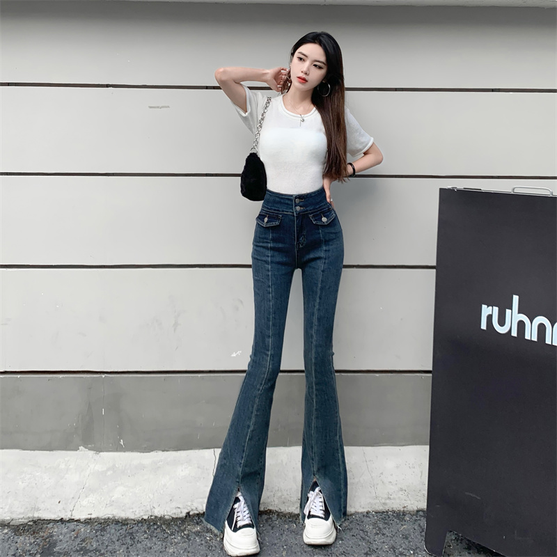 實拍  新款復古高腰修身顯瘦微喇叭開叉闊腿牛仔褲女