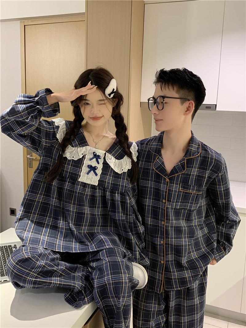 Real shot of Korean version of couple's princess style sweet lace large lapel cotton and linen loose plaid spring home clothing