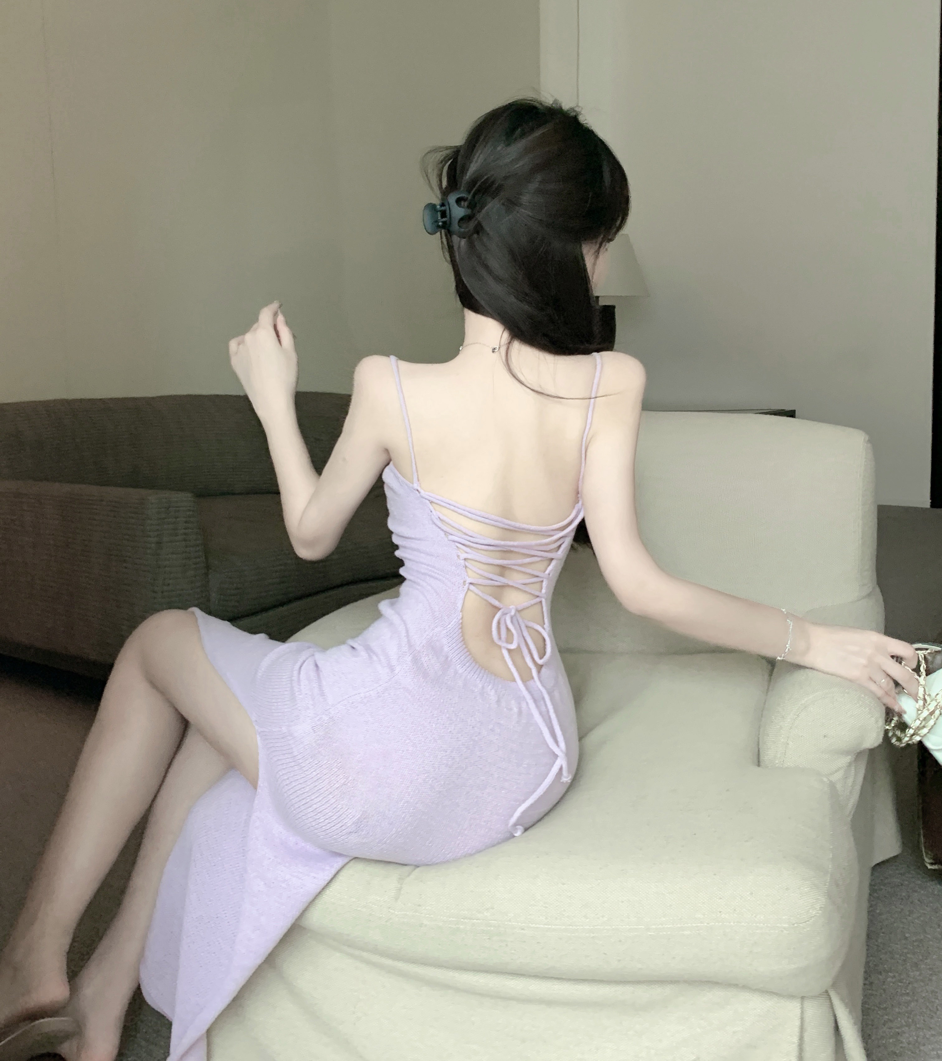 實拍~辣妹復古露背針織吊帶裙性感顯瘦百搭打底開叉連衣裙
