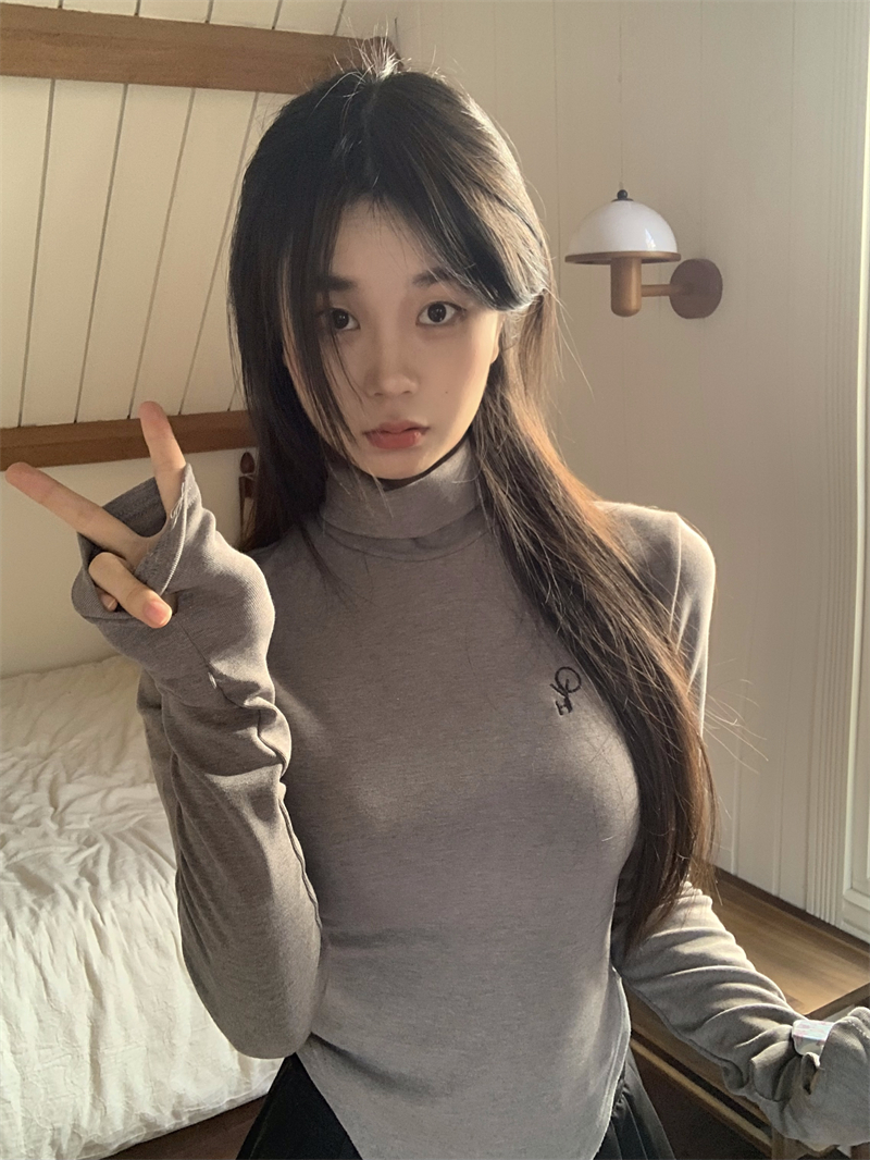 Actual shot of velvet turtleneck embroidered bottoming top