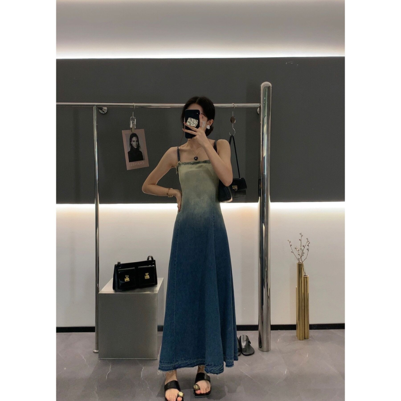 INMMIN new gradient design washed denim suspender dress design long skirt women's French style