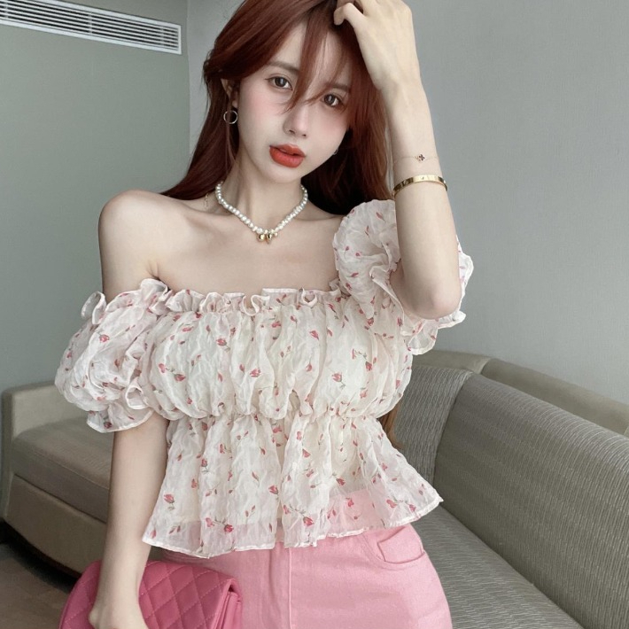 One-shoulder floral chiffon shirt for women, summer French design, niche, chic, super fairy and sweet short top