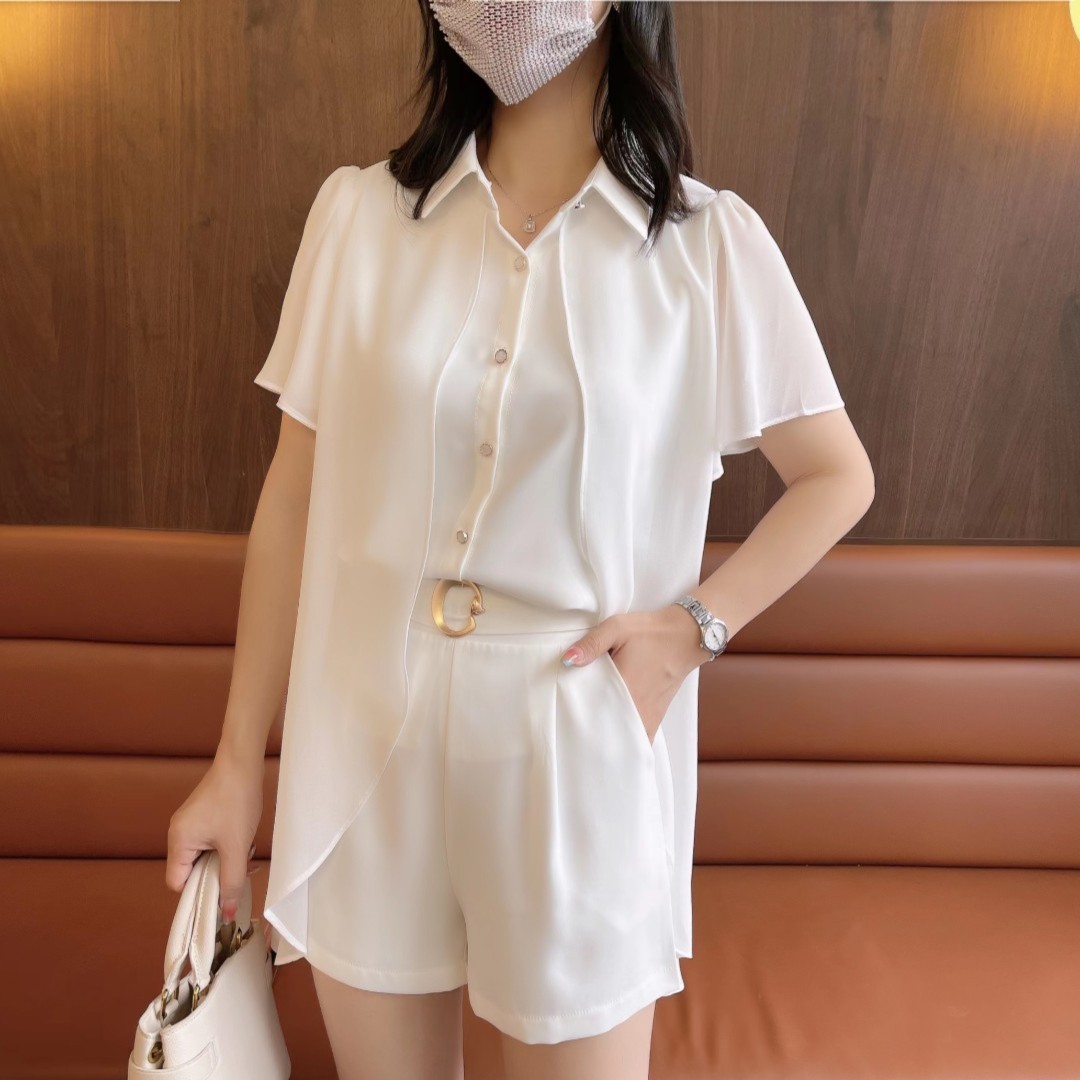 寬鬆休閒時尚設計感薄款純色氣質2024年夏季新款短褲上衣女兩件套