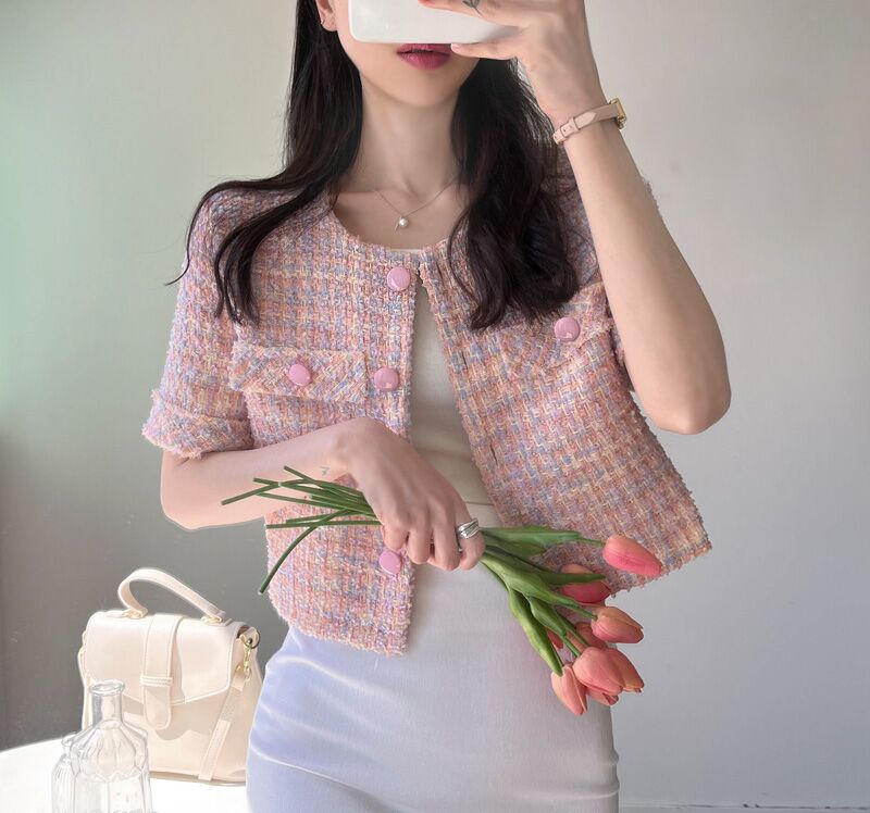 Korean chic retro round neck raw edge chic button pocket tweed short jacket