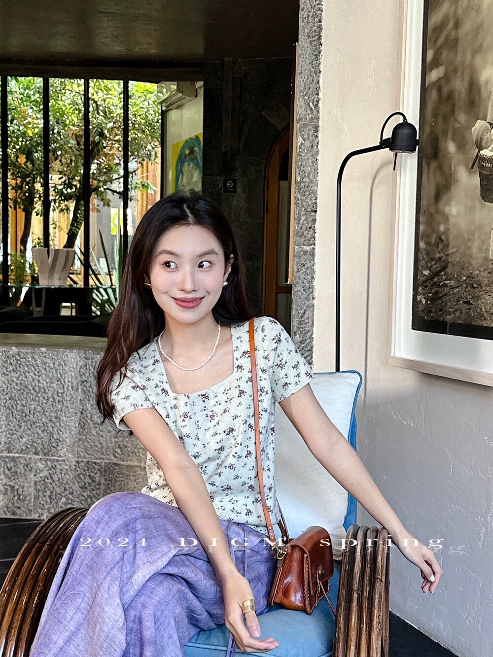 法式甜美氣質碎花針織上衣女短袖顯瘦方領短袖針織衫2024早春新款