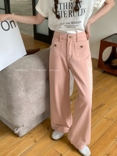Actual shot of spring washed cotton pink denim casual trousers