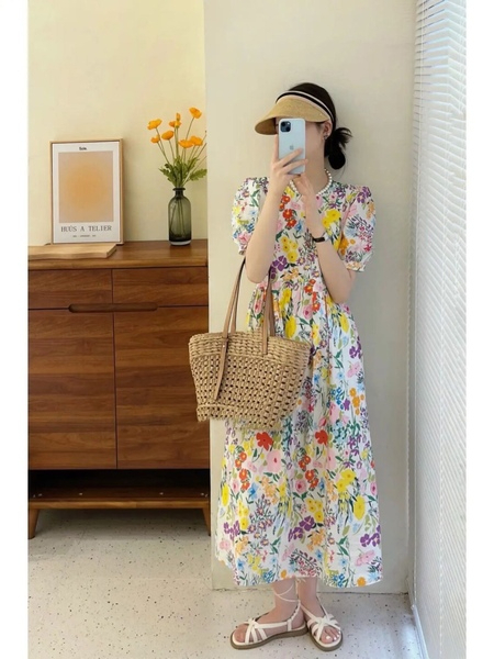 2024 summer French high-end waist-cinching chic sweet puff-sleeve floral dress