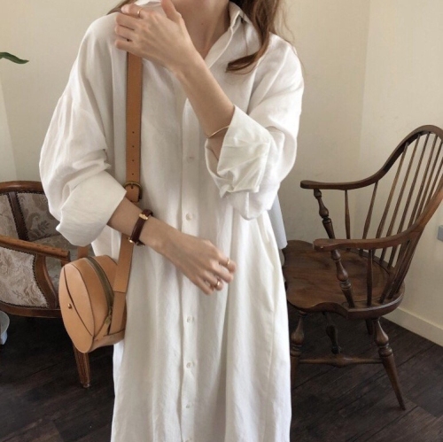 Korean light, elegant, lazy style, super long shirt style long dress, cotton and linen sun protection clothing, simple over the knee