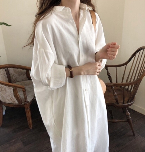 Korean light, elegant, lazy style, super long shirt style long dress, cotton and linen sun protection clothing, simple over the knee