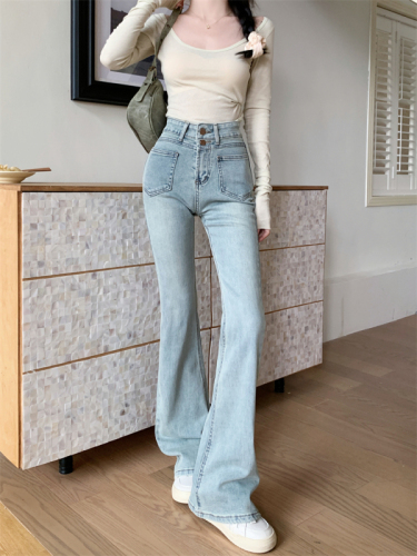 Actual shot ~ American retro slim-fitting high-waisted light-colored micro-flare jeans