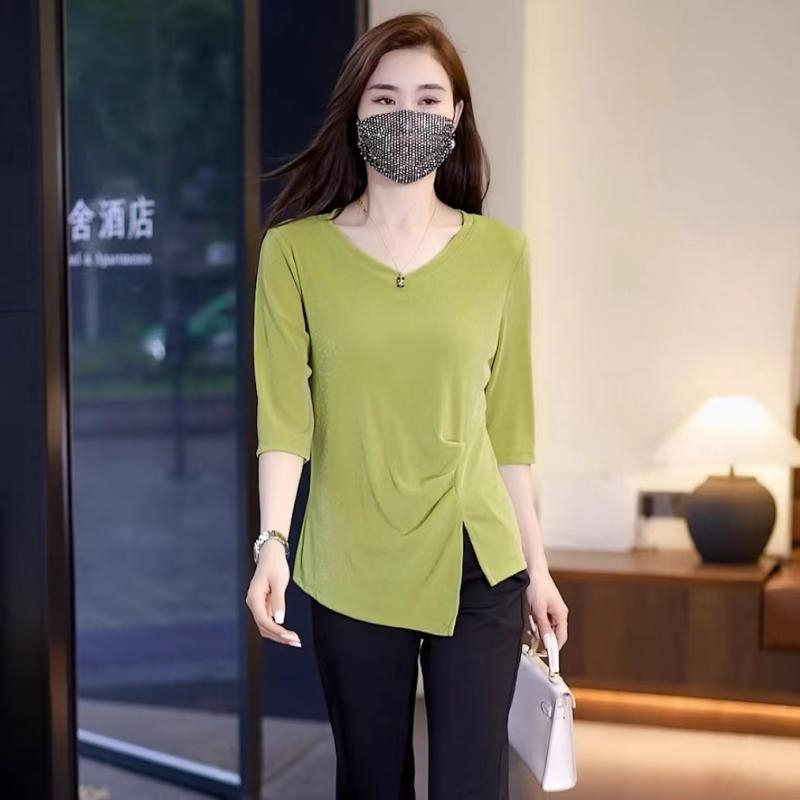 2024 new summer style fashionable and versatile solid color mid-sleeve women's tops that cover the flesh and look slimming