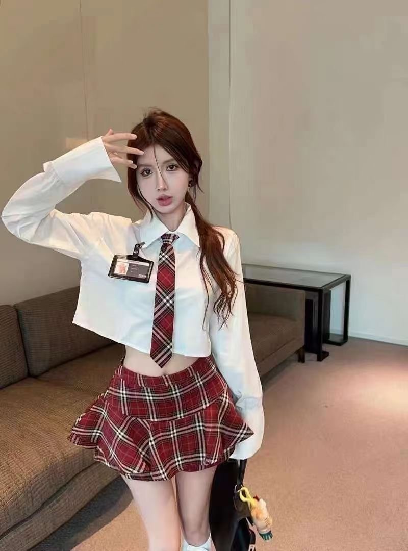 2024k制服套裝女純欲風辣妹收腰長袖襯衫學院風