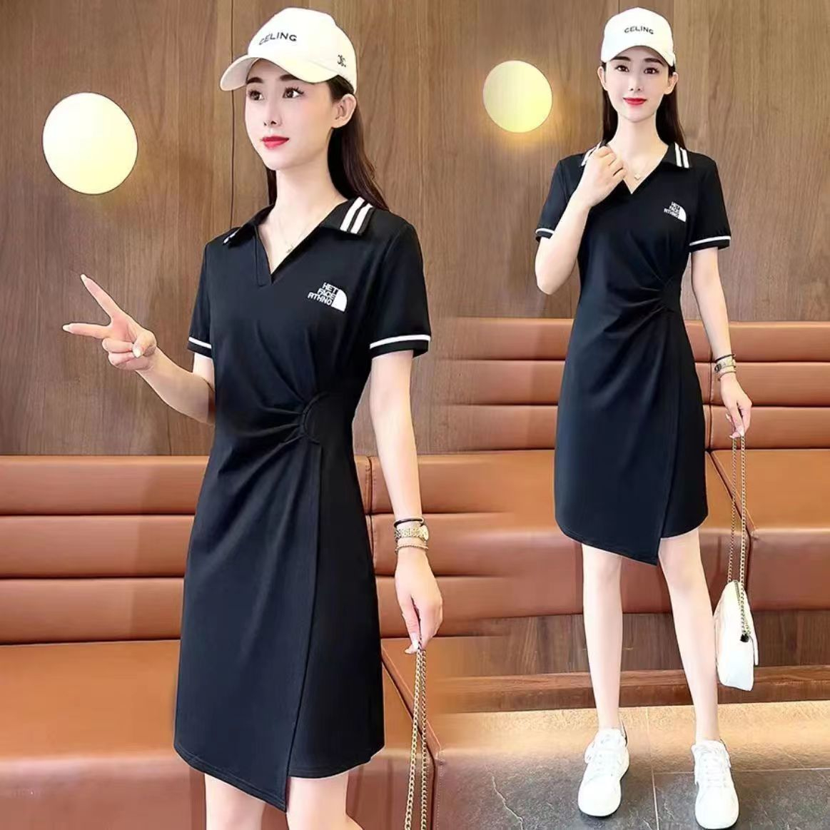 新款夏季時尚女裝百搭寬鬆連衣裙過膝POLO衫短袖翻領中長裙子女夏
