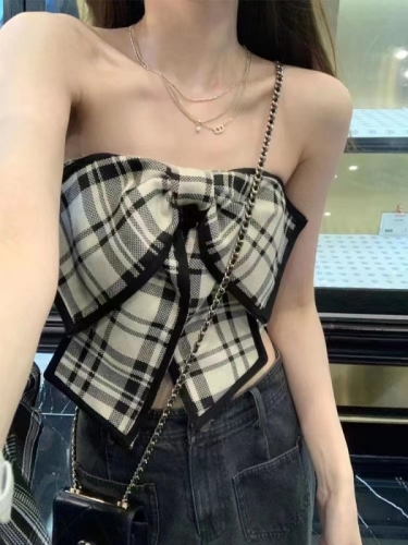 Korean style large bow design on the chest, tube top, retro plaid sling, short chest-wrapped top for women to wear outside for summer