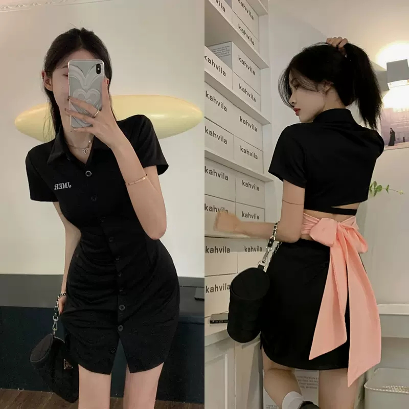 Polo領小黑裙設計感小眾個子法式初戀系後背蝴蝶結包臀連衣裙女夏