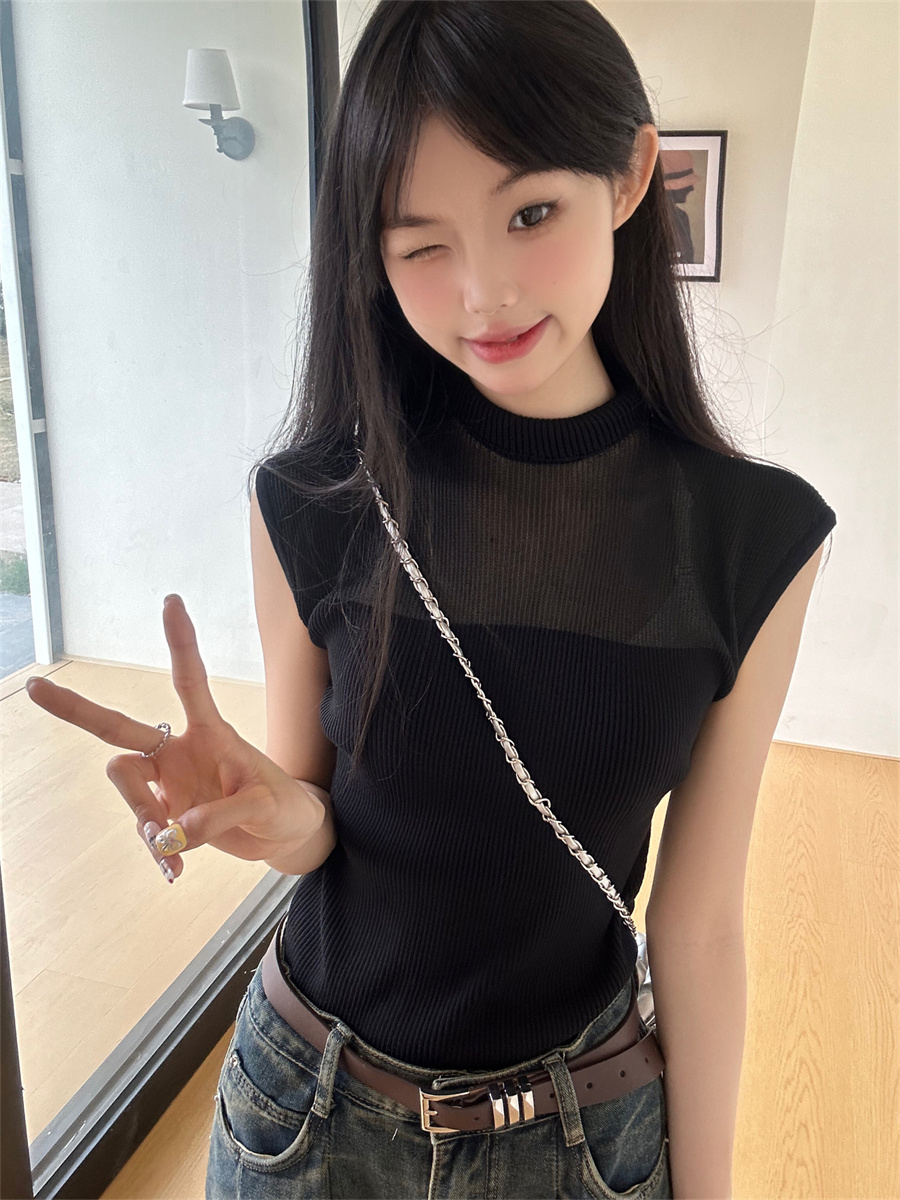 實拍氣質高檔時尚百搭花邊領純色打底衫女內搭洋氣背心夏