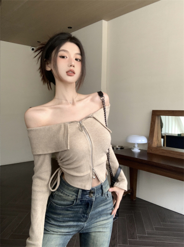 Actual shot of spring and summer new American retro long-sleeved T-shirt for hot girls pure lust style drawstring chic bottoming top