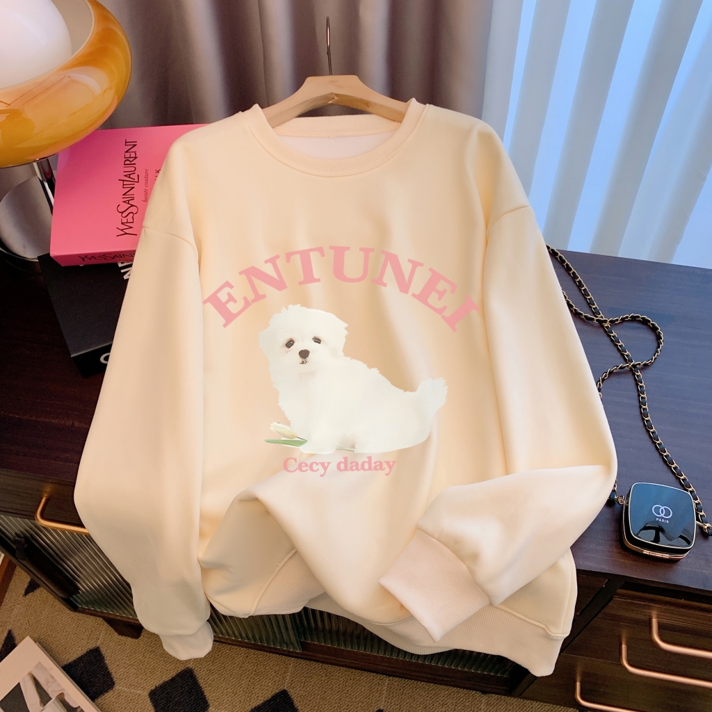 實拍薄款310g/加絨410g韓系少女可愛小狗印花圓領加絨寬鬆衛衣