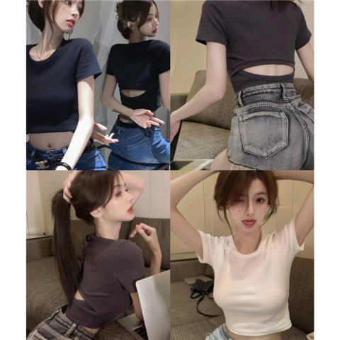 Short tops for women in summer sexy hottie style backless solid color short-sleeved T-shirts for women