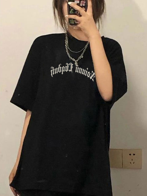 黑色美式復古字母短袖T恤女夏季歐美潮牌寬鬆顯瘦正肩上衣ins