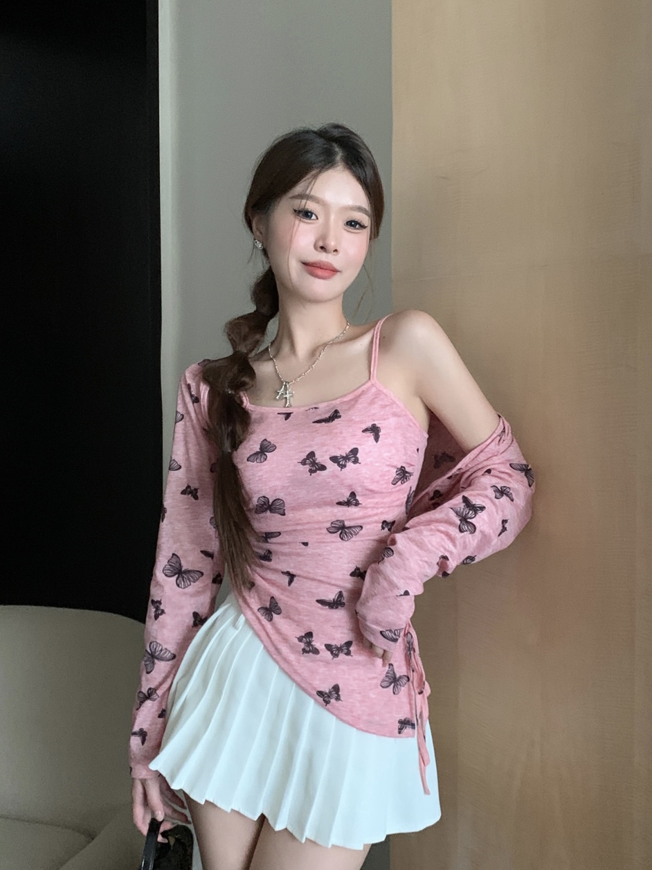 Real shot of sweet and spicy irregular butterfly print side waist strap suspenders + long-sleeved cardigan two-piece set