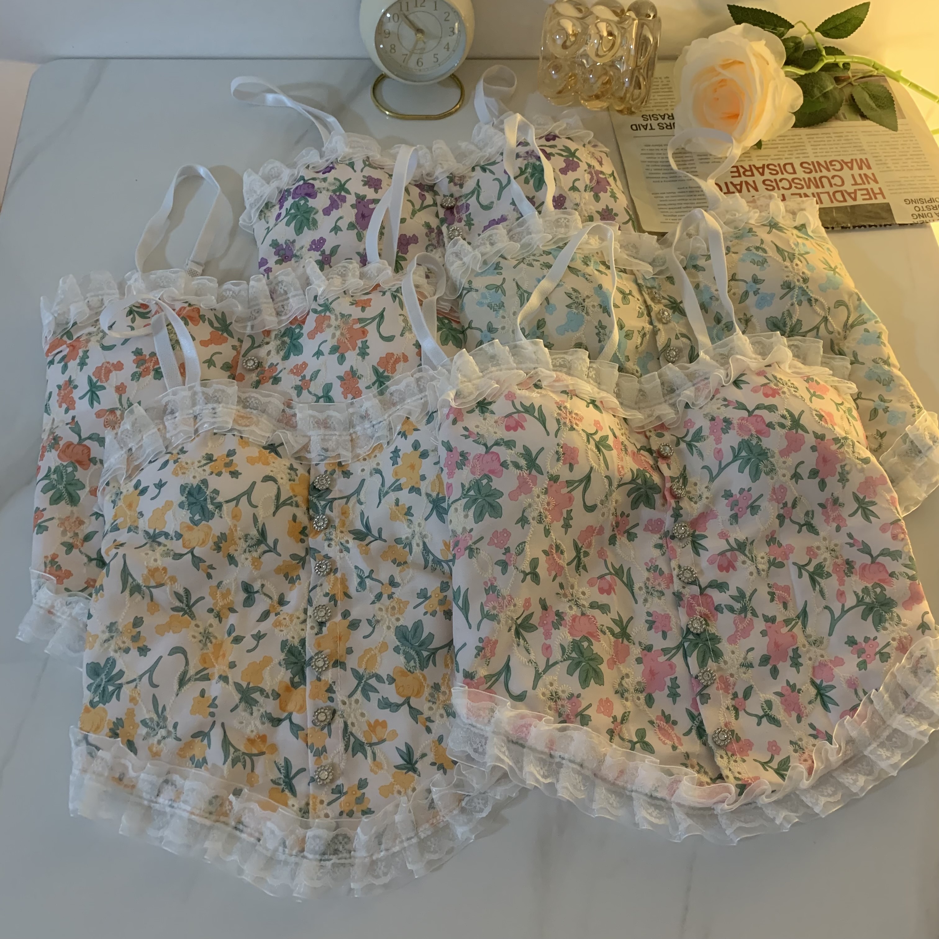 Real shot of Korean style sexy lace camisole for women wearing French sweet floral underwear top with beautiful back