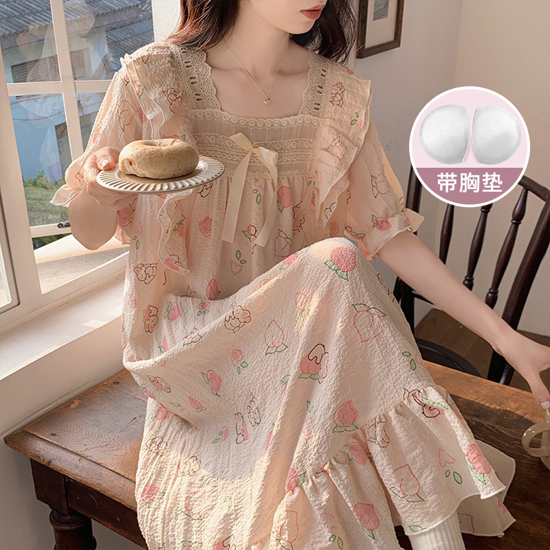 尚優衣品睡衣女夏季泡泡縐蕾絲花邊甜美休閒甜系ins風睡裙