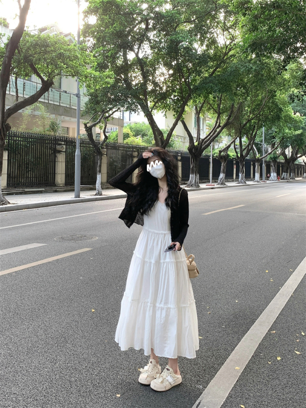 Real shot #Three-dimensional fluffy line design milk white suspender dress long skirt for women + knitted cardigan jacket