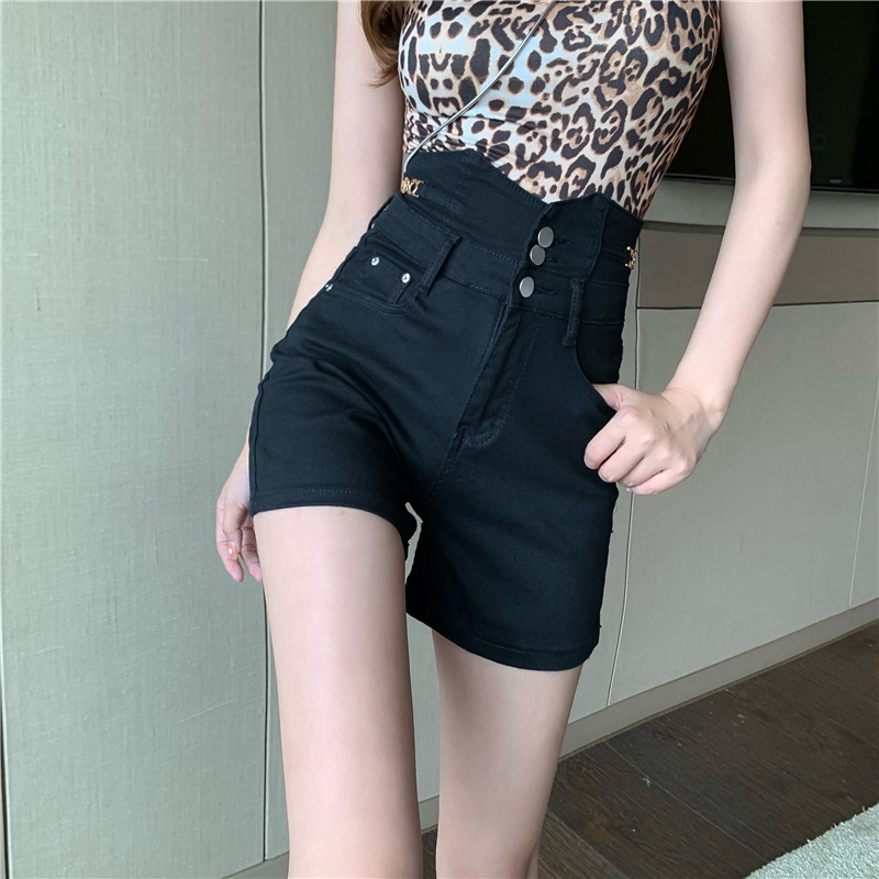 實拍  超高腰直筒時尚感百搭牛仔短褲彈力修身熱褲女