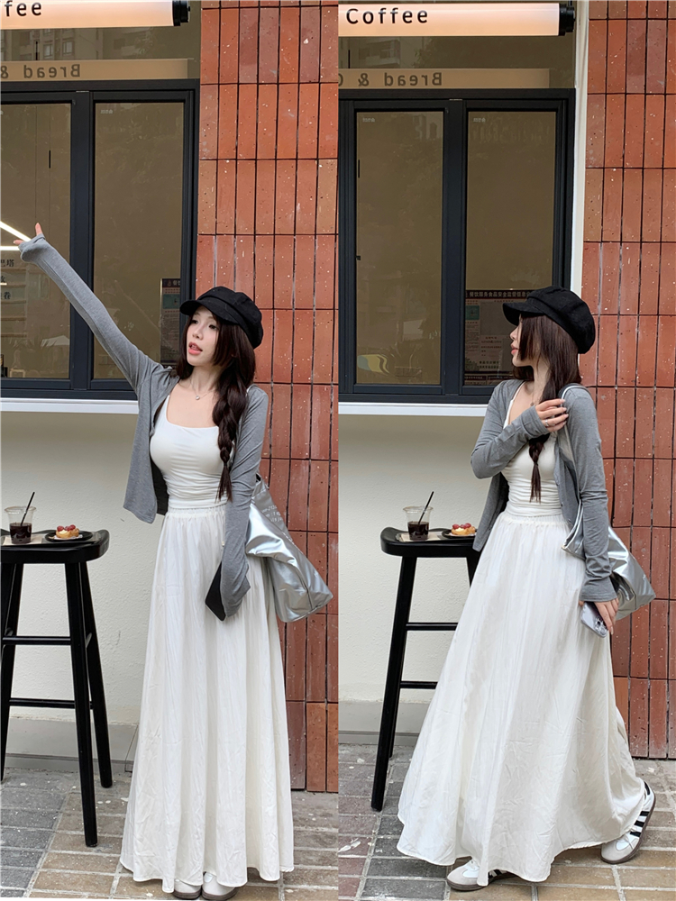 Real shot ~ Knitted cardigan long-sleeved top high-waisted casual long skirt camisole women's three-piece set