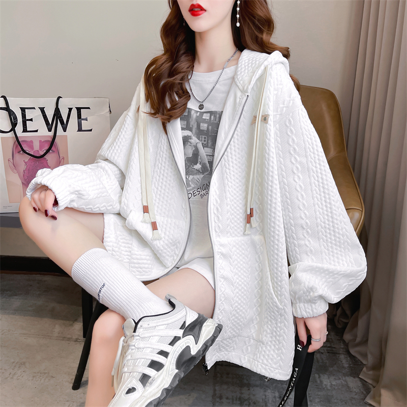 Real shot 2024 spring new Korean style back bag collar twill hooded cardigan loose large size thin jacket for women