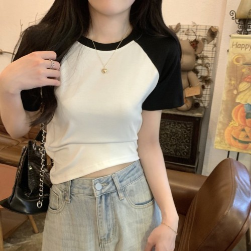 Actual shot of spring and summer Korean style versatile contrasting color slimming raglan pure cotton short-sleeved T-shirt for women