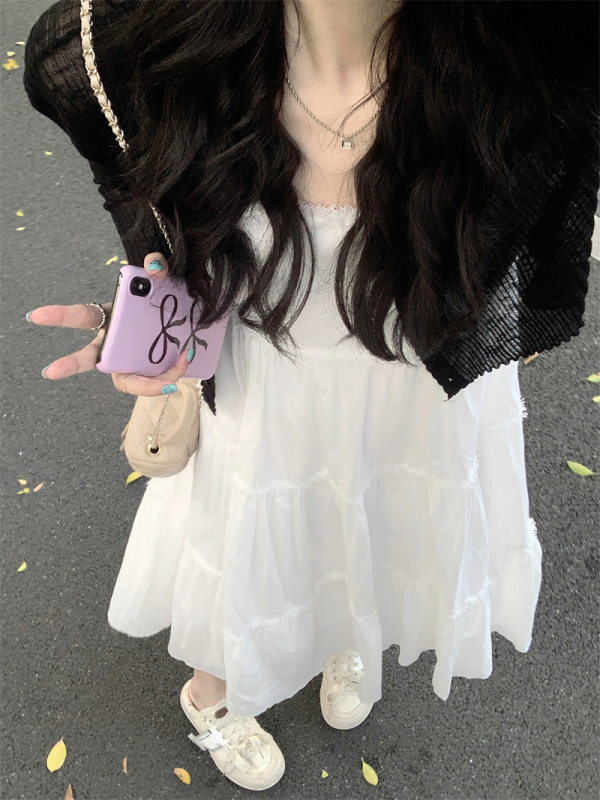 Real shot #Three-dimensional fluffy line design milk white suspender dress long skirt for women + knitted cardigan jacket