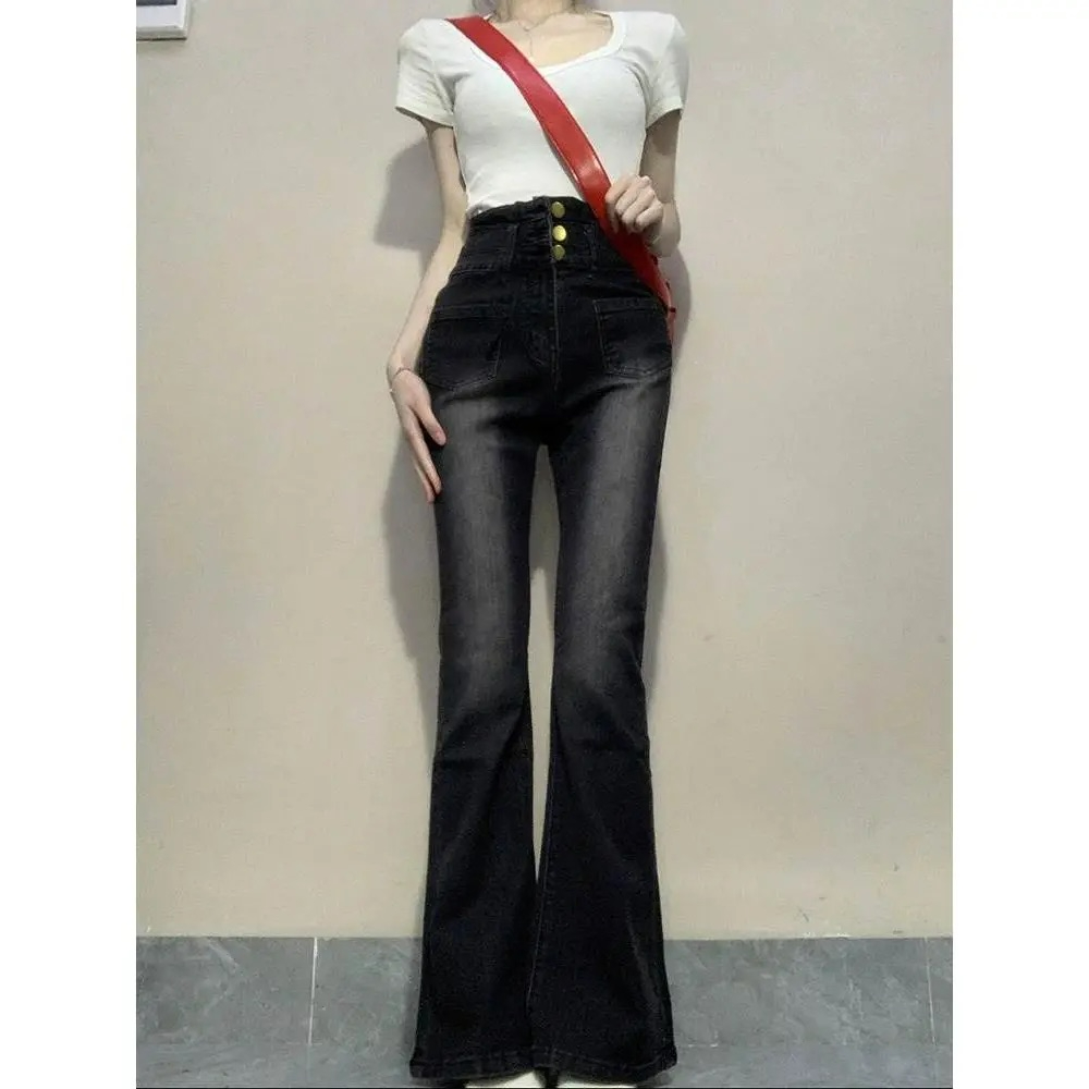 Not a real shot of retro hottie high-waisted bootcut jeans with niche design and versatile horse hoof pants