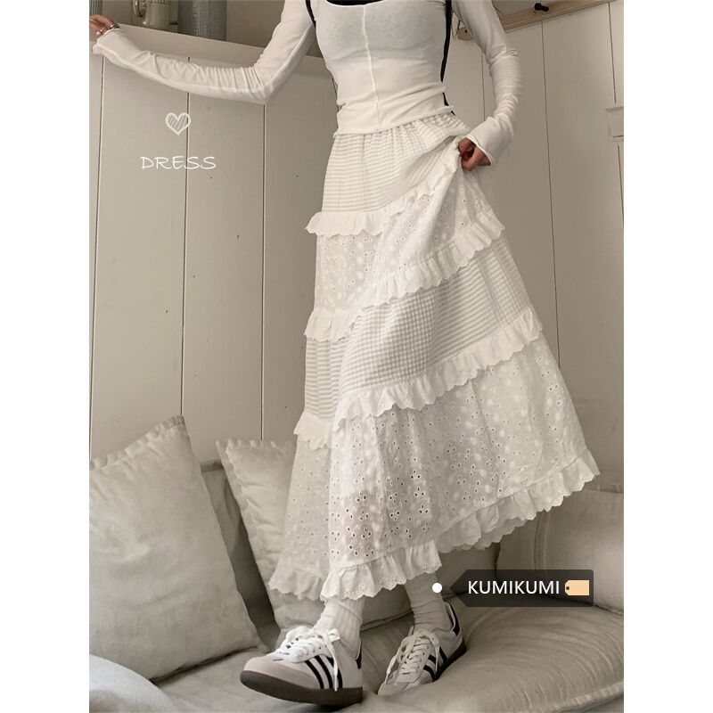 White skirt for women in summer, high-waisted A-line skirt, cake skirt, gentle style long skirt, niche crochet skirt with design