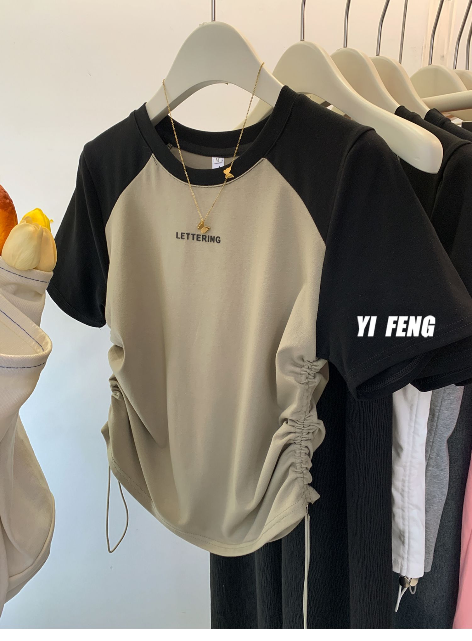 短款抽繩插肩短袖t恤女夏季設計感小眾個子美式復古正肩修身上衣