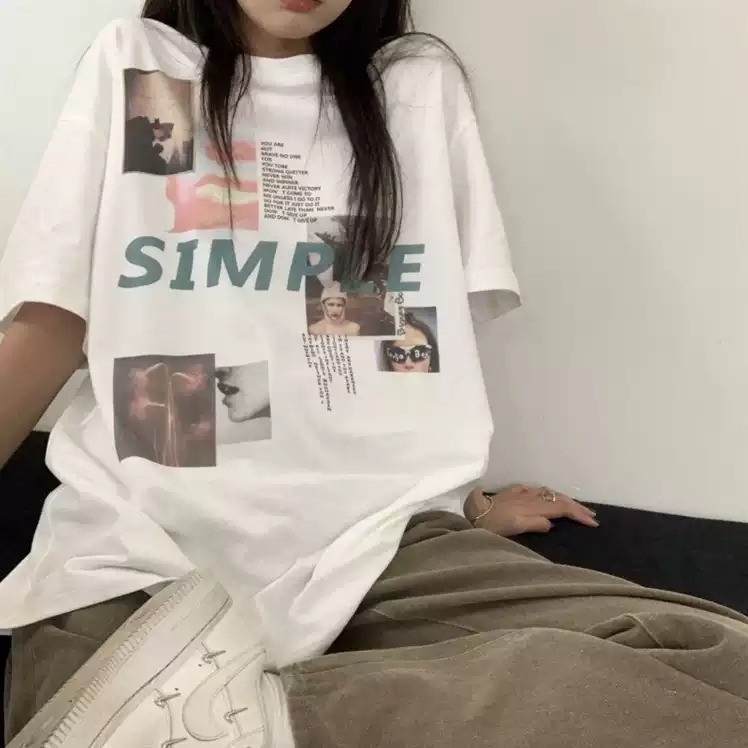 Official photo* Summer T-shirt short-sleeved student lazy printed mid-length T-shirt for women