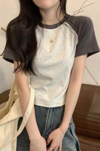 Actual shot of spring and summer Korean style versatile contrasting color slimming raglan pure cotton short-sleeved T-shirt for women