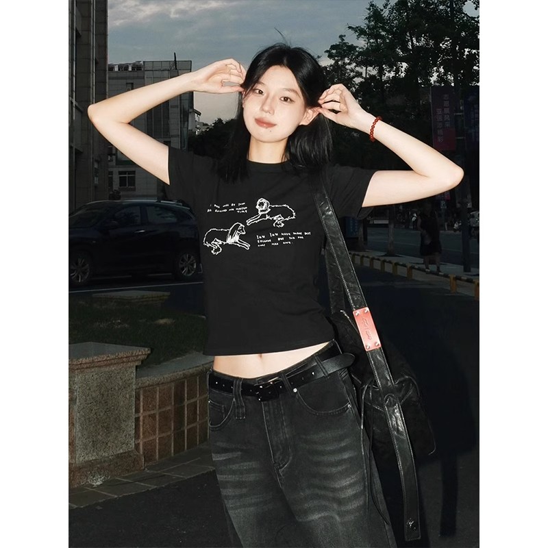 1*1 pure cotton high elastic American retro summer new trendy brand sweet and spicy slimming short top for women