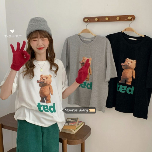 Korean style cute teddy bear printed short-sleeved T-shirt for women summer loose niche lazy style student top