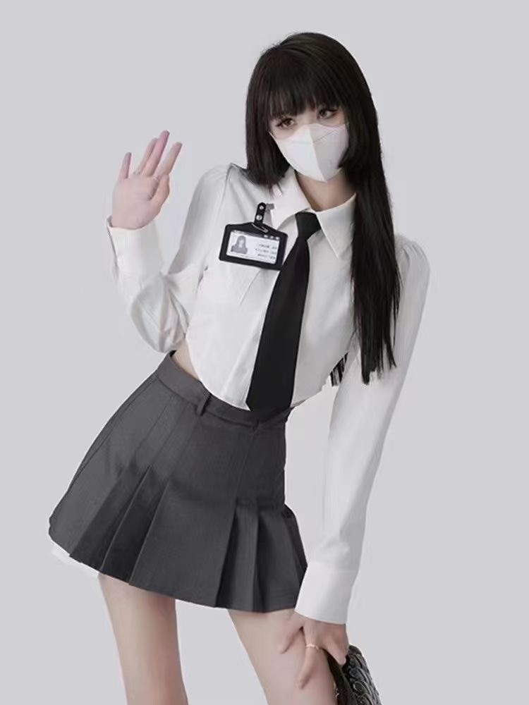 2024甜酷辣妹韓系學院風套裝女寬鬆jk領帶襯衫