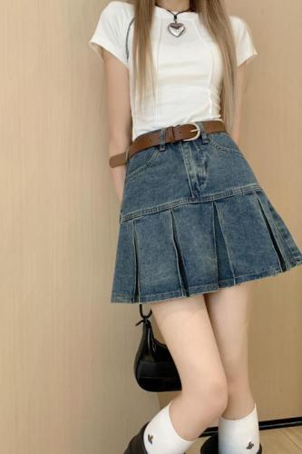 Real shot of retro pleated denim skirt for women 2024 spring new slim pleated skirt Korean version