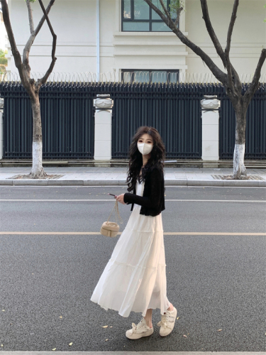Real shot #Three-dimensional fluffy line design milk white suspender dress long skirt for women + knitted cardigan jacket