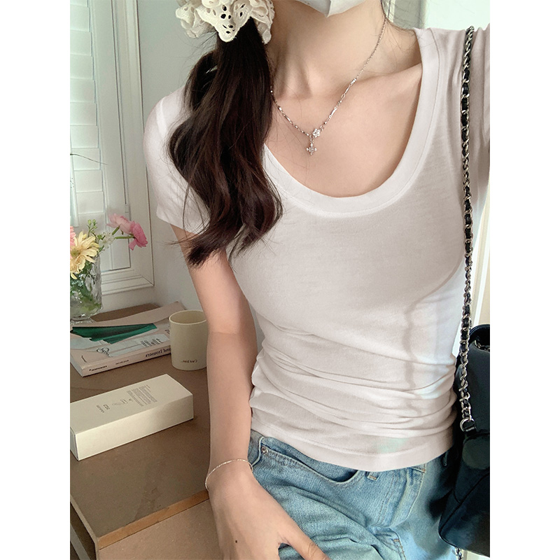 Real shot of summer short-sleeved T-shirt for women 2024 new pure lust hottie tight-fitting collarbone short top