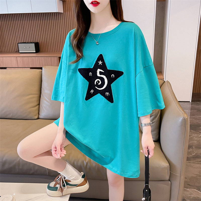 實拍質量/純棉/後包領/中長款時尚毛巾繡短袖T恤女