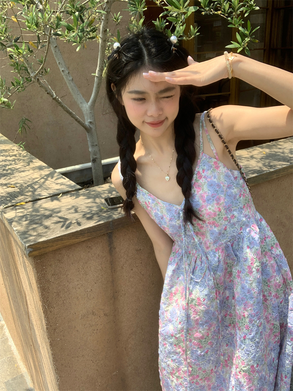 實拍莫奈花園度假雙肩帶油畫感吊帶裙顯白顯瘦長裙女