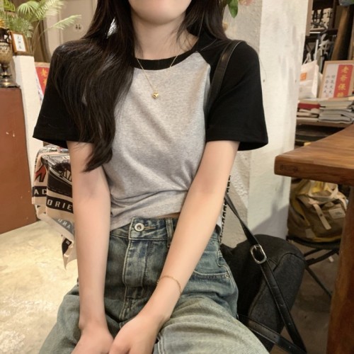 Actual shot of spring and summer Korean style versatile contrasting color slimming raglan pure cotton short-sleeved T-shirt for women