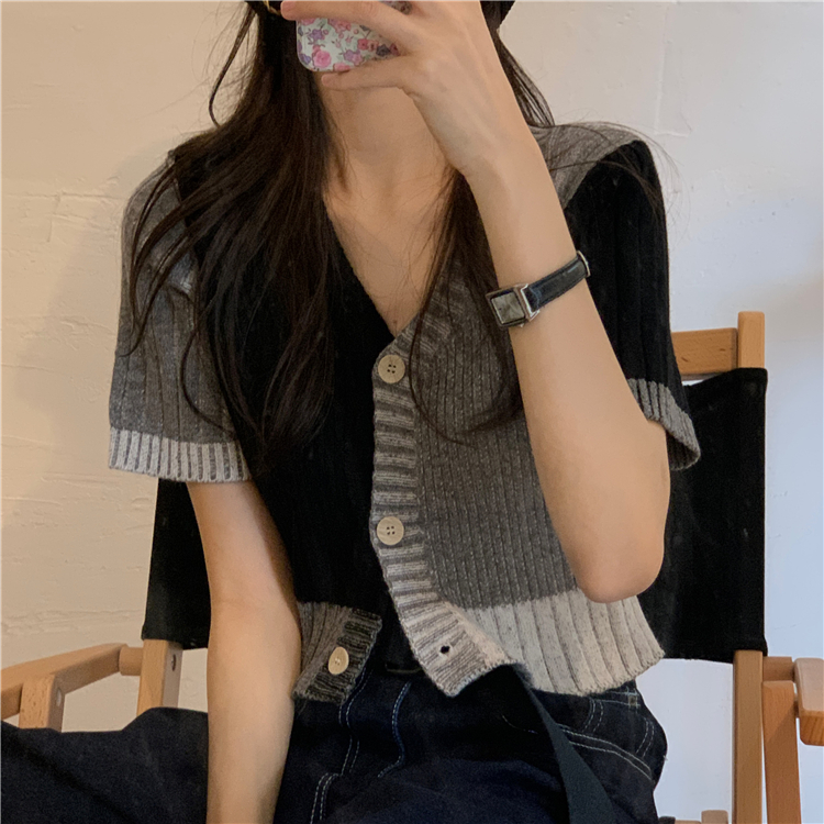 個性拼接外搭針織衫開衫短袖外套2024新款夏季女裝修身短款上衣潮