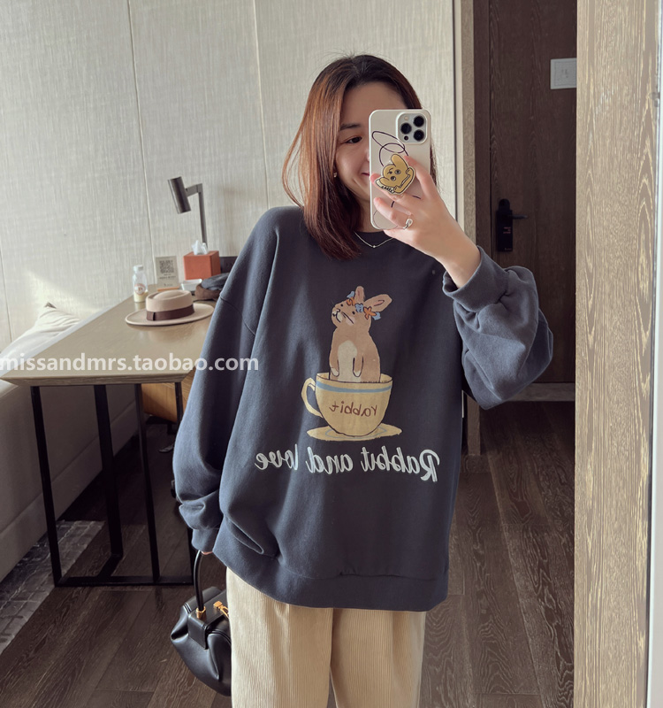 Official photo Chinese cotton composite thin 310g/plus velvet 410g autumn and winter sweatshirt for women with printed loose large size